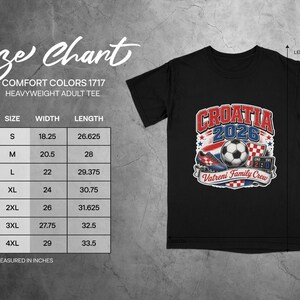 Size chart for a Croatia 2026 t-shirt, showing sizes S-4XL with width and length measurements.
