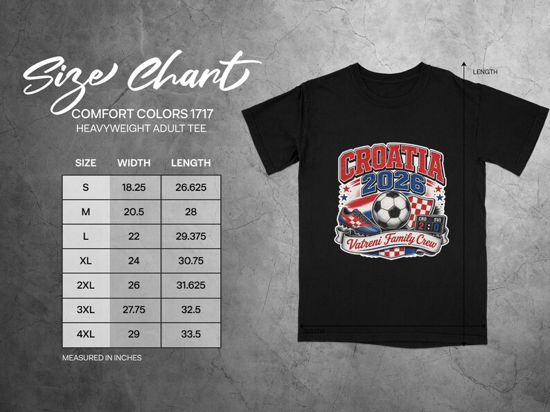 Size chart for a Croatia 2026 t-shirt, showing sizes S-4XL with width and length measurements.
