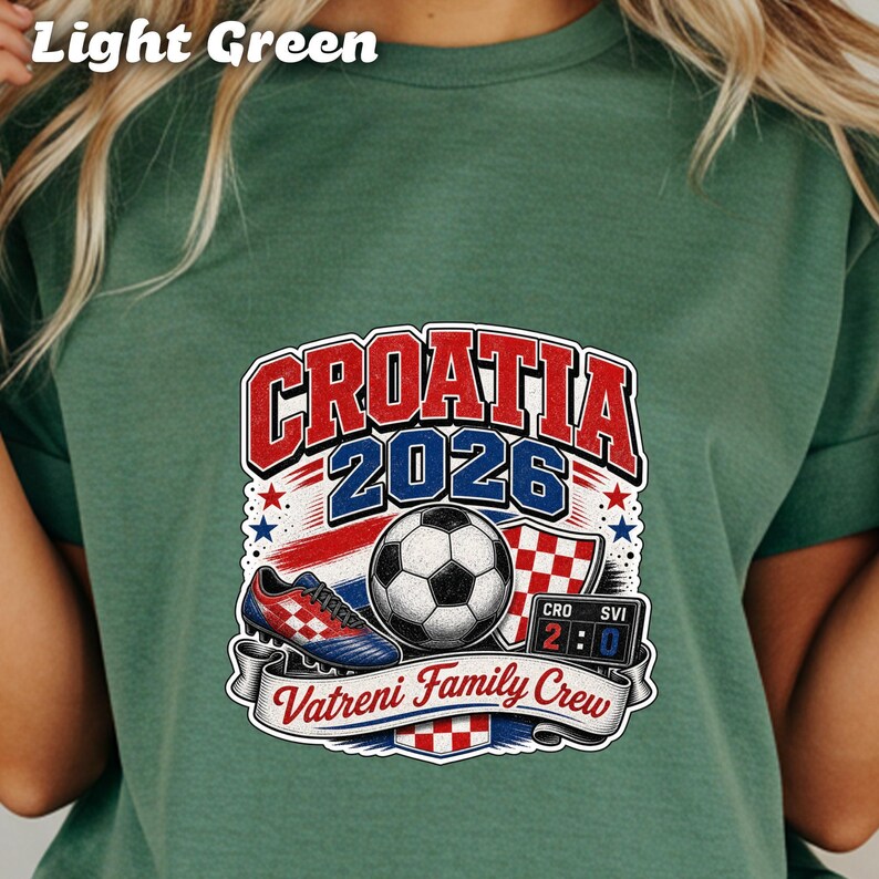 Croatia 2026 Vatreni Family Crew with soccer ball, cleats, and scoreboard.
