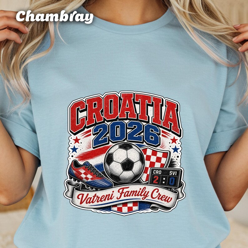 Croatia 2026 Vatreni Family Crew graphic with soccer ball and scoreboard.