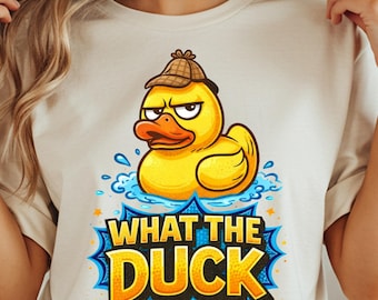 Grumpy Yellow Duck T-Shirt: Detective Hat, 'What The Duck' Funny Pun Design