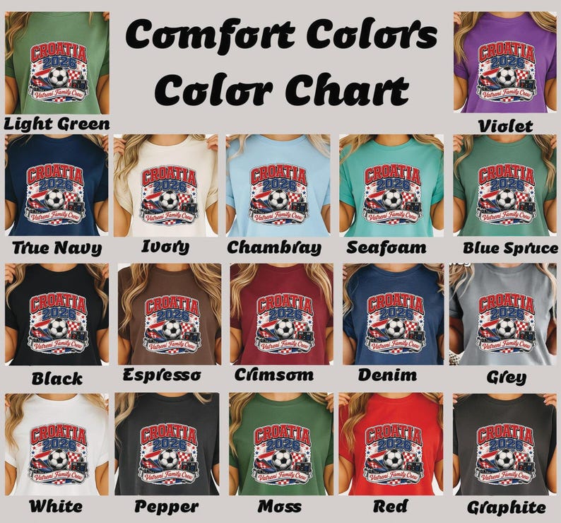 Color chart for "Vatreni Family Crew" shirts with Croatia 2026 logo.