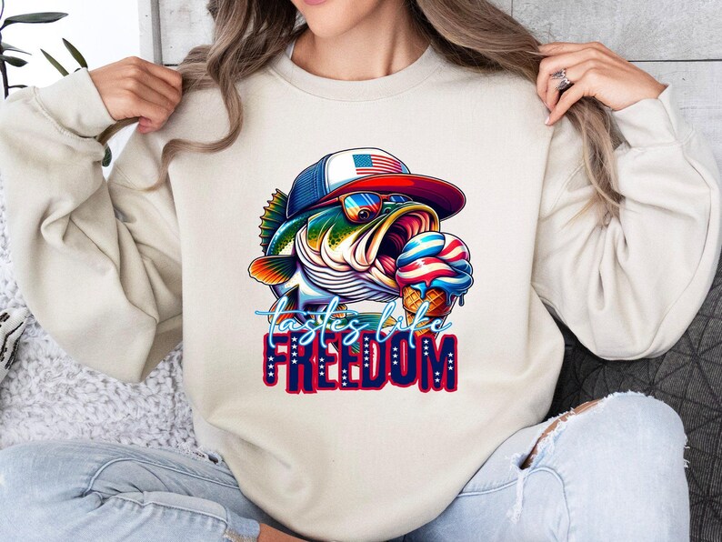Tastes Like Freedom Sweatshirt, Patriotic Fishing Sweater, 4th of July Apparel, American Flag Gear, USA Bass Fishing Shirt