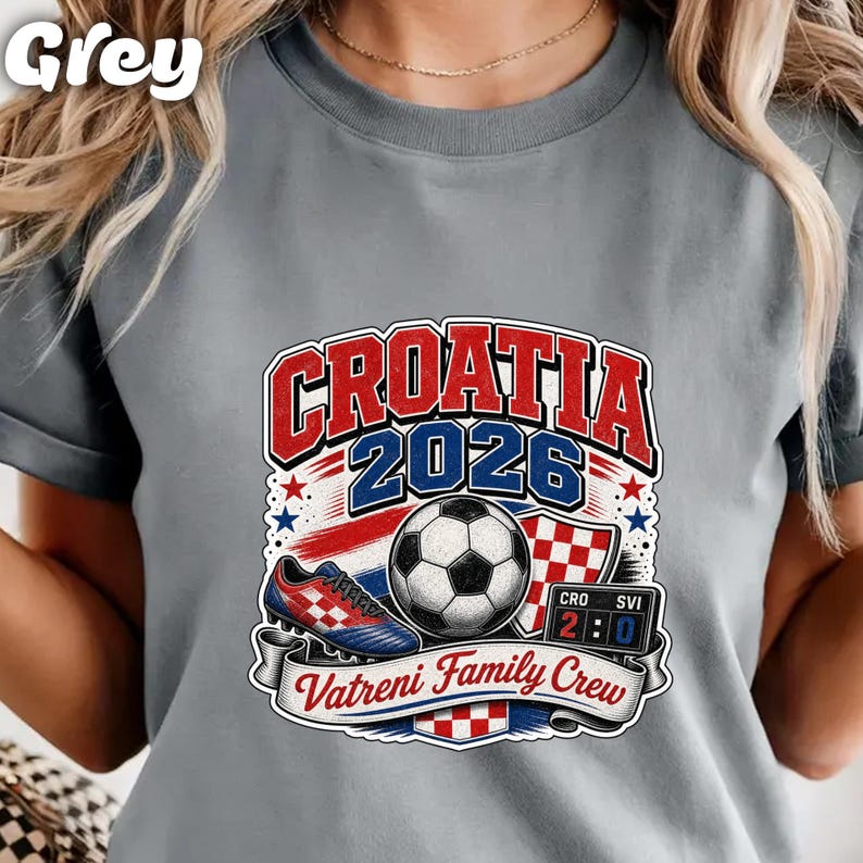 Croatia 2026 Vatreni Family Crew graphic with soccer ball and scoreboard.
