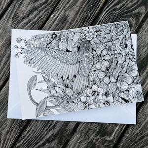 Wenskaart kolibrie – blanco A5-kaart – ingewikkelde lijntekening kolibrie – kaart botanische natuur – fijne lijntekeningen – cadeau vogelliefhebber