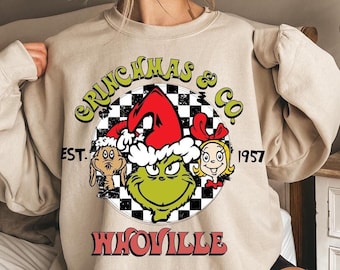 Sweat Whoville & Co., pull de Noël Grinch Cindy Lou et Max, chemise Grinchmas, t-shirt de l&#39;université Whoville, cadeau de Noël drôle, joyeux Noël