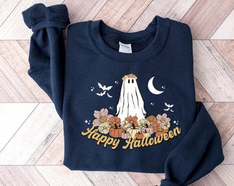 Happy Halloween Sweatshirt: Ghost & Floral Design