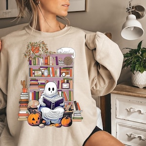 Ghost Reading Book T-Shirt: Halloween Teacher Librarian Shirt image 1