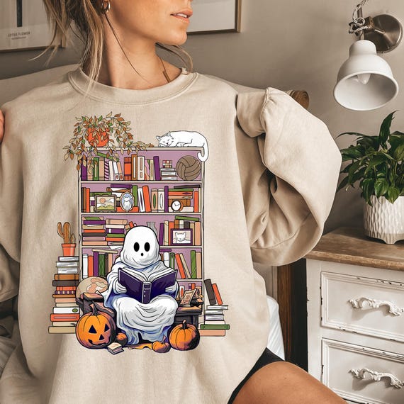 Ghost Reading Book T-Shirt: Halloween Teacher Librarian Shirt