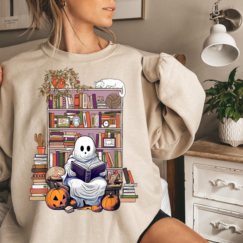 Ghost Reading Book T-Shirt: Halloween Teacher Librarian Shirt image 1