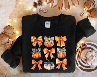 Retro Pumpkin Bow Sweatshirt: Girly Fall Coquette Tee