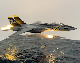 1:144 F-14 Tomcat Fighter Jet Aircraft Diorama(VF-84) with Ocean Base-AIM-54 Phoenix/AIM-7 Sparrow Missiles Launched with Light Effects