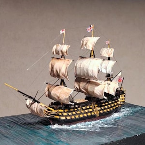 1:700 HMS Victory Diorama with Water Feature Base,Firing Smoke Lighting Effect,Miniature Vintage Tall Ship Sailboat Warship Historical Model