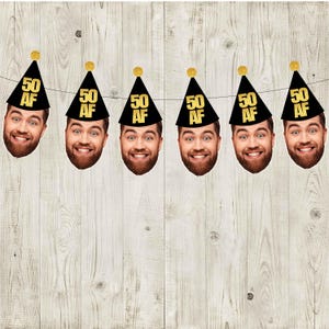Custom Face Garland – Funny Birthday Banner with Photo Cutouts, Party Hat, Gag Gift, Pet or Person Decoration