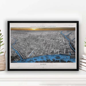 Mapa de Saigón de 1881 / Dibujo a lápiz de la vista aérea de la ciudad de Ho Chi Minh / Arte de mapa vintage muy detallado para la decoración del hogar o la oficina