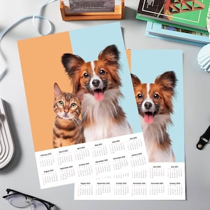 May include: A calendar featuring a brown and white dog and a brown tabby cat. The calendar is printed on a light blue and orange background. The calendar includes the months of February through July 2023.