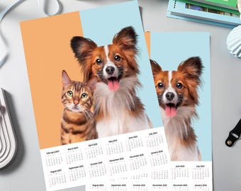 May include: A calendar featuring a brown and white dog and a brown tabby cat. The calendar is printed on a light blue and orange background. The calendar includes the months of February through July 2023.
