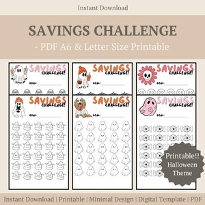 May include: Printable Halloween-themed savings challenge sheets. Each sheet features a different design with ghosts, candy, and a flower skull. Includes space to set a savings goal. PDF A6 and Letter size.