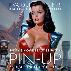 May include: A woman in a red and blue costume with a pin-up style pose. The text "BUSTY B-MOVIE BEAUTIES PACK #1 PIN-UP 55 HIGH RESOLUTION IMAGES" is on the image.