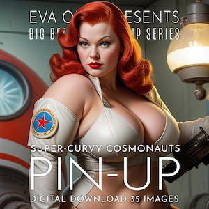 Peut inclure: Une femme aux cheveux roux et vêtue d'une tenue blanche pose devant une fusée rouge et blanche. Le texte "SUPER-CURVY COSMONAUTS PIN-UP DIGITAL DOWNLOAD 35 IMAGES" est en bas de l'image.