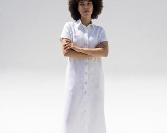 Vestido camisero de lino blanco, vestido midi con botones delanteros y bolsillos, vestido minimalista de verano.