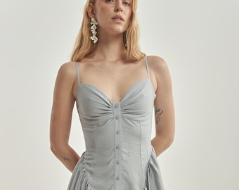 Blue grey mini dress with buttons – fitted summer sundress with pleated skirt | sweetheart neckline viscose dress | adjustable strap dress