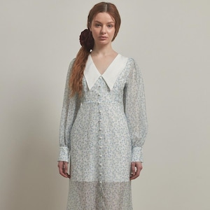 Vestido midi romántico con cuello / Vestido vintage con botones florales / Vestido de manga larga de tencel transparente vestido midi, vestido vintage, vestido floral