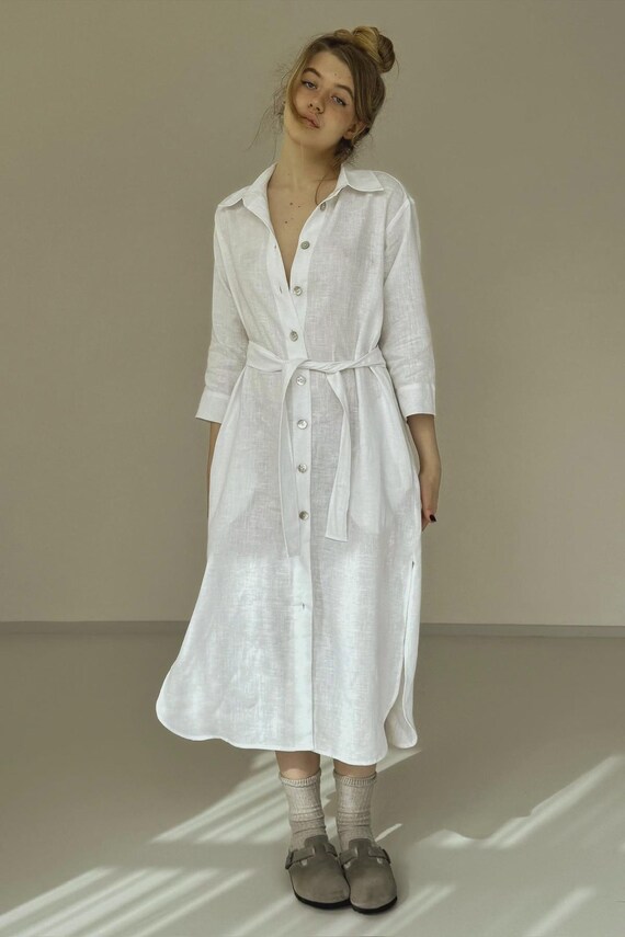 white linen belted dress Linen Belted Midi Dress White / XS