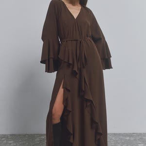 Jackson Waist Tie Ruffle Dress Rust Print