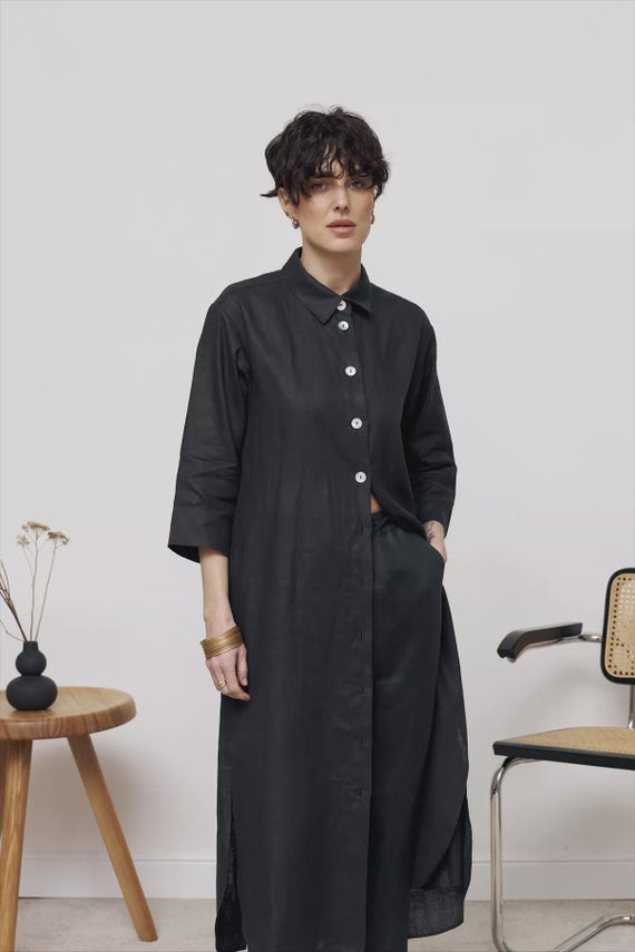 Hemp Shirt Dress, Black Belted Midi for Quiet Luxury Summer Dressing