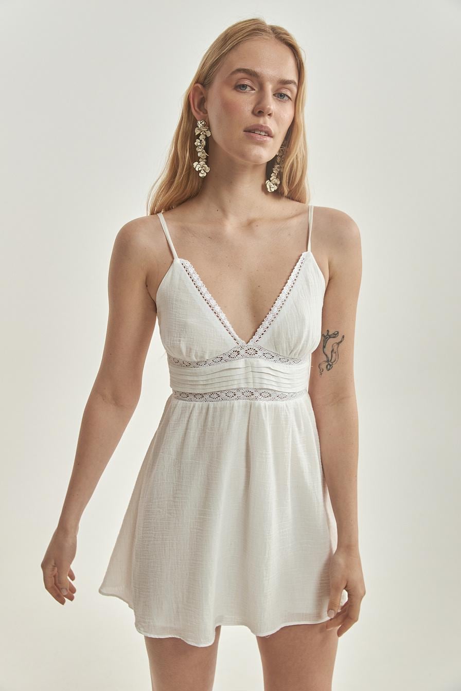 White cotton mini sundress | Boho summer dress with lace trim | Adjustable straps dress | Light gauze dress | Romantic beach dress
