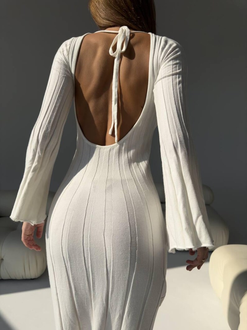 Women's Ribbed White High Neck Dress