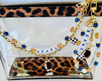 Bears Football Beaded Bag Charm or Chain: Orange & Navy Keychain - Handmade Game Day Accessory