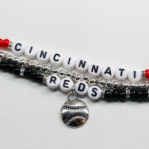 Cincinnati Baseball Bracelet Stack – 3-Piece Red, Black, and Silver Beaded Stretch Bracelets, Handmade Game Day Jewelry Gift