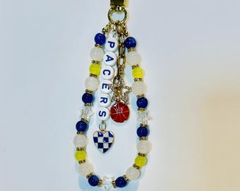 Pacers Basketball Bag Charm: Handmade Blue, Yellow and White Beaded Keychain with Charms