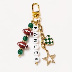 Eagles Football Beaded Keychain: Gold Bag Charm with Enamel Heart and Star