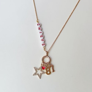 Kansas City Football Charm Necklace – Red and Gold Beaded Necklace, Super Bowl Champs Jewelry, Game Day Gift for Chiefs Fans
