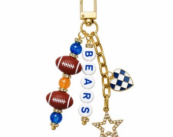 Bears Football Beaded Keychain: Gold Bag Charm with Enamel Heart and Star