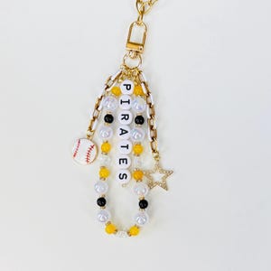 Pirates Baseball Bag Charm – Black  Gold Beaded Keychain with Star  Baseball Charms, Handmade Fan Gift or Backpack Accessory