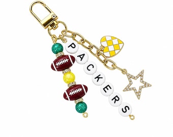 Packers Football Beaded Keychain: Gold Bag Charm with Heart and Star