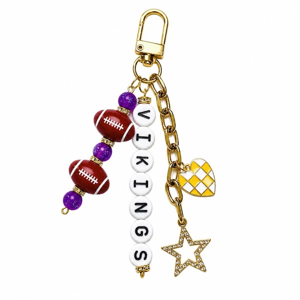 Vikings Football Beaded Keychain: Gold Bag Charm with Enamel Heart and Star