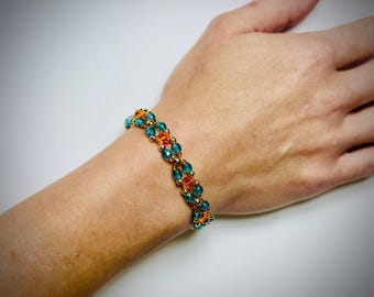 Showgirl Era Mint Czech Glass & Orange Crystal Bracelet: 18k Gold Plated Beads