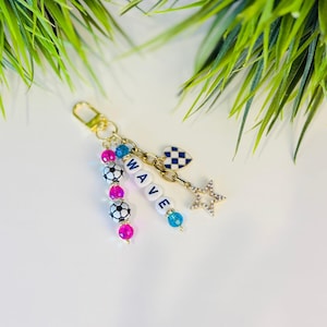 Wave Soccer Bag Charm: Pink and Blue Beaded Keychain, Gold Keychain with Star and Heart Charms