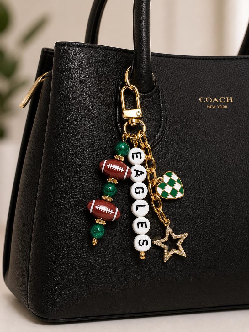 Eagles Football Beaded Keychain: Gold Bag Charm with Enamel Heart and Star image 3
