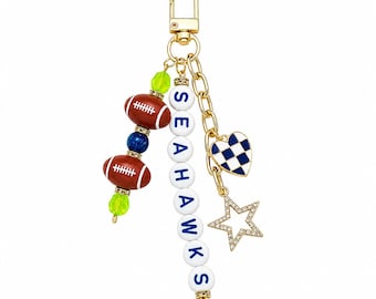 Seahawks Beaded Keychain: Football Bag Charm with Enamel Heart and Star