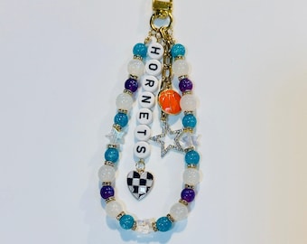 Hornets Basketball Bag Charm: Handmade Teal, Purple and White Beaded Keychain with Charms