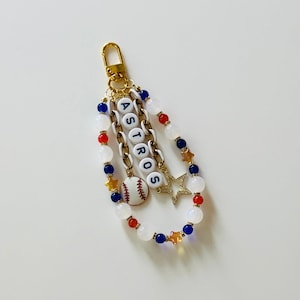 Astros Baseball Bag Charm – Handmade Beaded Keychain with Star and Baseball Charms, Fan Gift, Game Day Accessory