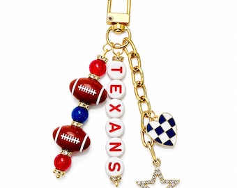 Porte-clés Texans Football à perles : Breloque de sac dorée avec cœur et étoile en émail