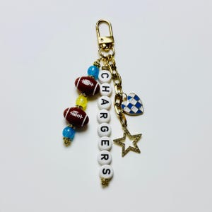 Chargers Football Beaded Keychain – Gold Bag Charm with Letter Beads, Football Beads, & Enamel Heart