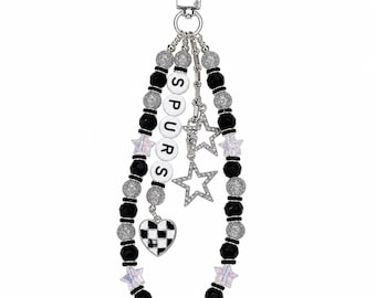 Spurs Basketball Bag Charm: Handmade Silver, Black and White Beaded Keychain with Charms